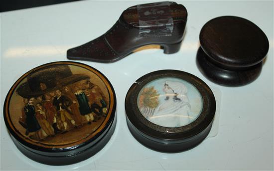 19C Cont painted papier mache snuff box, treen shoe box, tortoiseshell box inset miniature portrait (a.f) & another treen box